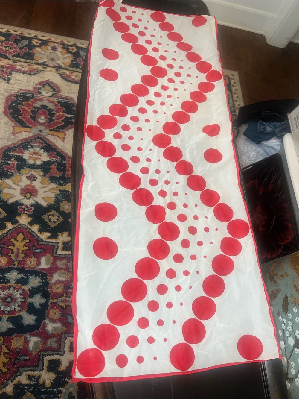 Retro White Scarf with Red Polka Dot Wave